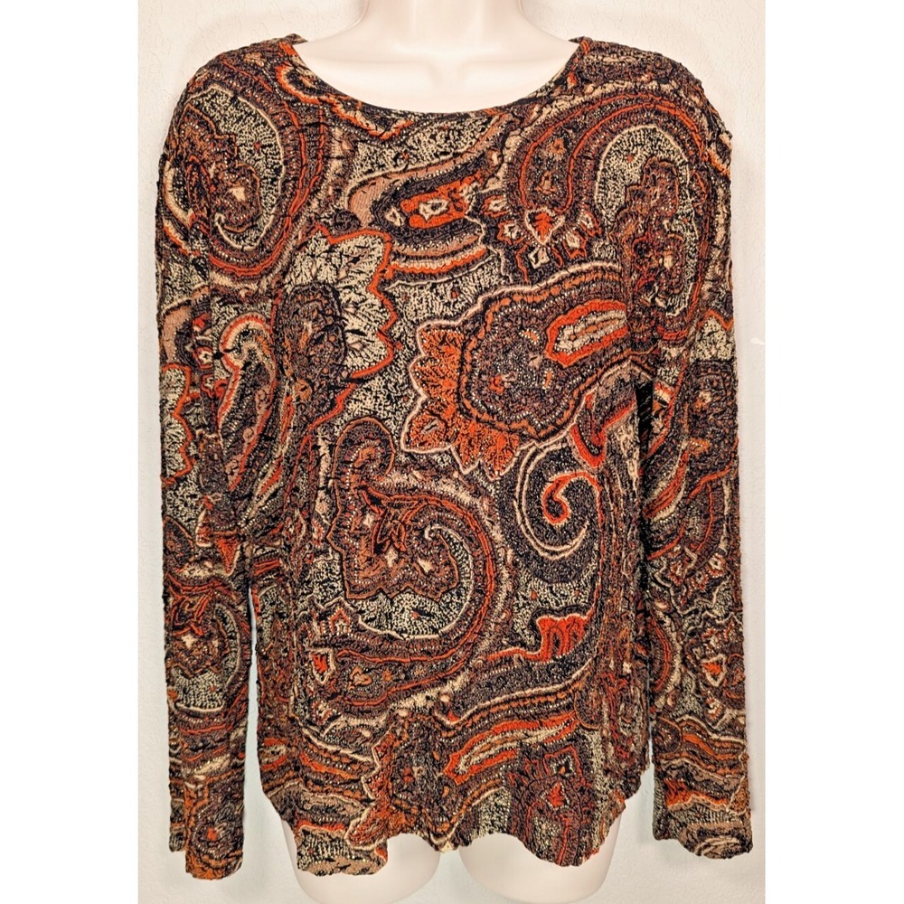 Chico's‎ Travelers Blouse Women Size 1 Orange Black Paisley Long Sleeve Stretch